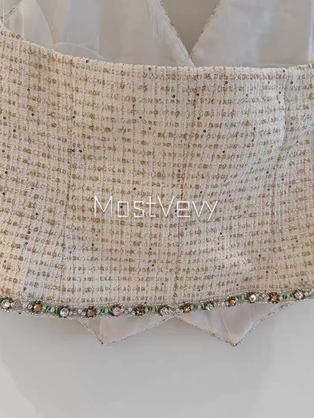 Designer Luxury Beaded Tweed V-Neck Vest in Cream and Gold - Picture 5 of 9